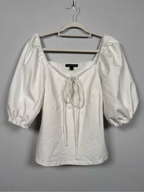 Boston Proper White Puff-Sleeve Tie-Neck Blouse, Size L, Great Condition